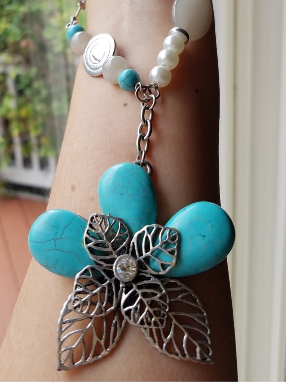 Turquoise Flower & Faux Pearls Long Fashion Necklace